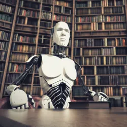 A robot sits in a library, symbolizing OpenScholar, a large language model trained exclusively on scientific publications to help researchers keep up with the growing body of literature.