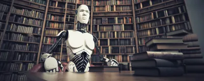 A robot sits in a library, symbolizing OpenScholar, a large language model trained exclusively on scientific publications to help researchers keep up with the growing body of literature.