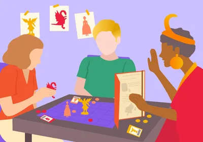 Illustration of three people sitting around a table playing a role-playing game with figurines, tokens, and cards. The person on the right has a notebook propped open in front of them, marking them as the game master. 