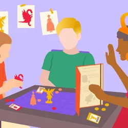 Illustration of three people sitting around a table playing a role-playing game with figurines, tokens, and cards. The person on the right has a notebook propped open in front of them, marking them as the game master. 