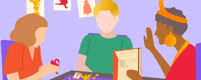 Illustration of three people sitting around a table playing a role-playing game with figurines, tokens, and cards. The person on the right has a notebook propped open in front of them, marking them as the game master. 