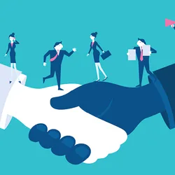 Cartoon of businesspeople standing on hands with blue background.