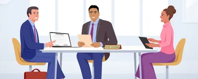 Illustration of Masudur Rahman (dark hair, center) sitting at a desk holding a folder. On the left is an attorney in a blue suit with a laptop open to a page with a patent document. On the right sits a researcher in a pink top and purple pants. In front of Rahman is a nameplate that reads “Patent Examiner.” 