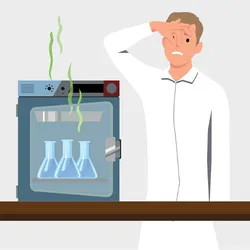 Image of a man in a white lab coat. He pinches his nose. There is an incubator next to him with three Erlenmeyer flasks emanating smell lines.