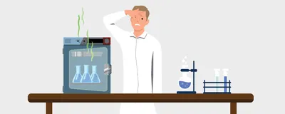 Image of a man in a white lab coat. He pinches his nose. There is an incubator next to him with three Erlenmeyer flasks emanating smell lines.