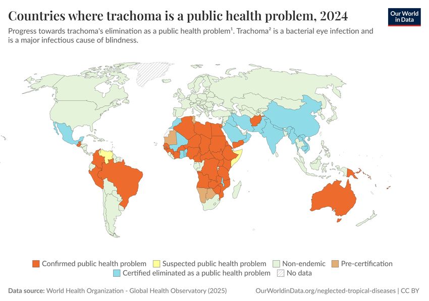 A map of the world shows countries where trachoma is a public health problem.