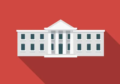 A vector drawing of the White House is shown on a red background with a long shadow.