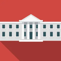 A vector drawing of the White House is shown on a red background with a long shadow.