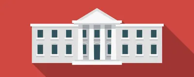 A vector drawing of the White House is shown on a red background with a long shadow.