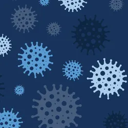 An illustration of differently colored viral particles on a dark background.