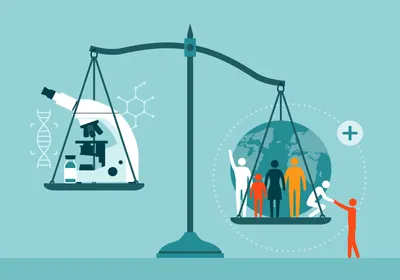Conceptual illustration showing a cartoon scale on a teal background. On the left side sits a microscope and bottle of medicine along with icons of DNA and a chemical molecule. On the right, weighing down the scale, is an icon of the globe and silhouettes of people. The image represents the balance of bioethics. 