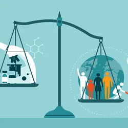 Conceptual illustration showing a cartoon scale on a teal background. On the left side sits a microscope and bottle of medicine along with icons of DNA and a chemical molecule. On the right, weighing down the scale, is an icon of the globe and silhouettes of people. The image represents the balance of bioethics. 