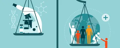 Conceptual illustration showing a cartoon scale on a teal background. On the left side sits a microscope and bottle of medicine along with icons of DNA and a chemical molecule. On the right, weighing down the scale, is an icon of the globe and silhouettes of people. The image represents the balance of bioethics. 