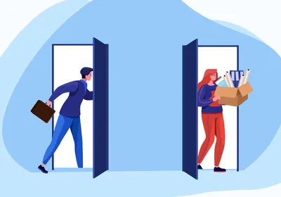 Illustration of two doors on a blue background. A person in a suit and holding a briefcase is walking away from the viewer out the door on the left, while a person holding a box with belongings in it is entering on the right. The image represents the reductions in force at NIOSH and their subsequent reversal. 