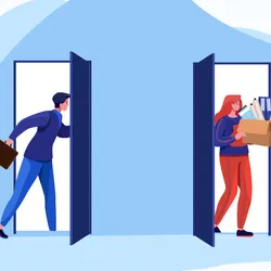 Illustration of two doors on a blue background. A person in a suit and holding a briefcase is walking away from the viewer out the door on the left, while a person holding a box with belongings in it is entering on the right. The image represents the reductions in force at NIOSH and their subsequent reversal.