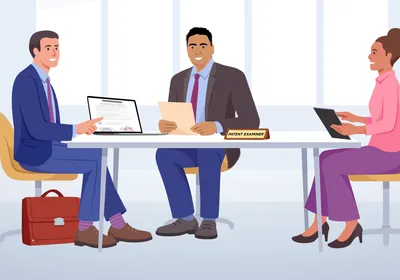 Illustration of Masudur Rahman (dark hair, center) sitting at a desk holding a folder. On the left is an attorney in a blue suit with a laptop open to a page with a patent document. On the right sits a researcher in a pink top and purple pants. In front of Rahman is a nameplate that reads “Patent Examiner.”