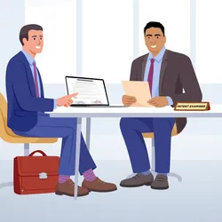 Illustration of Masudur Rahman (dark hair, center) sitting at a desk holding a folder. On the left is an attorney in a blue suit with a laptop open to a page with a patent document. On the right sits a researcher in a pink top and purple pants. In front of Rahman is a nameplate that reads “Patent Examiner.”