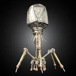 Image of a sculpture of a bacteriophage made from steel and bronze.