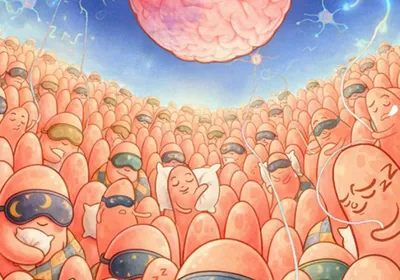 Cartoon representation of sleeping intestinal villi under a night sky represented by a brain as the full moon and neurons as stars.