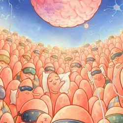 Cartoon representation of sleeping intestinal villi under a night sky represented by a brain as the full moon and neurons as stars.
