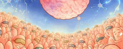 Cartoon representation of sleeping intestinal villi under a night sky represented by a brain as the full moon and neurons as stars.