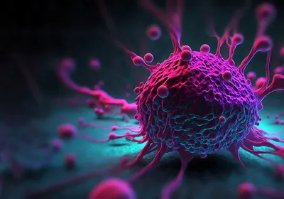 A solid tumor is shown in purple in its microenvironment, which is colored blue, signifying a tumor type that was characterized using spatial proteomics, mass spectroscopy.