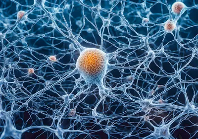 Conceptual image of neuronal connections, showing orange cell bodies and blue axons and dendrites on a black background.