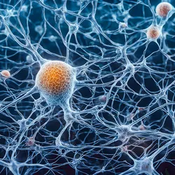 Conceptual image of neuronal connections, showing orange cell bodies and blue axons and dendrites on a black background.