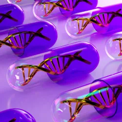 Image of translucent medicine capsules that contain a DNA helix model.