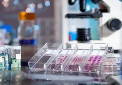 Histological slides with stained patient samples are displayed in a clear holder on the right, and other patient tissue samples are held in clear bottles on the left.