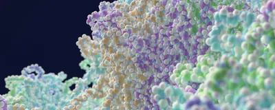 Close-up 3D rendering of complex protein structures floating against a blue scientific background, illustrating molecular formations associated with HPV research and vaccine development.
