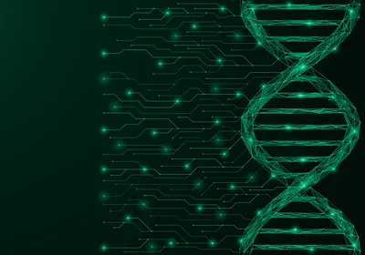 An illustration of a glowing circuit board design connected to a DNA helix, symbolizing AI-driven biologics design.