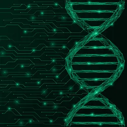 An illustration of a glowing circuit board design connected to a DNA helix, symbolizing AI-driven biologics design.