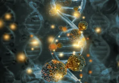 An illustration showing cancer cells against a background of DNA strands. 