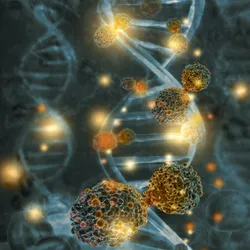 An illustration showing cancer cells against a background of DNA strands. 