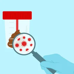 Illustration of a gloved hand holding a magnifying glass to examine stool sample in laboratory container. The magnifying glass shows a close-up view of virus cells in the stool.
