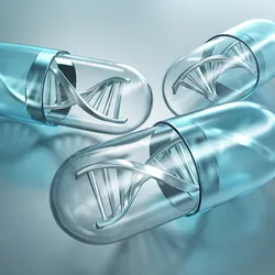 Three clear pill capsules are shown with a silver DNA molecule shown in each one, representing personalized genomic medicine for a rare disease.