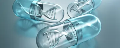 Three clear pill capsules are shown with a silver DNA molecule shown in each one, representing personalized genomic medicine for a rare disease.