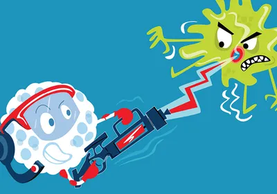 Image of a white and blue immune cell attacking a pathogen with a red zap gun.