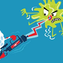 Image of a white and blue immune cell attacking a pathogen with a red zap gun.