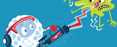 Image of a white and blue immune cell attacking a pathogen with a red zap gun.