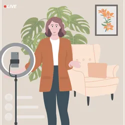 Illustration of Molly Edwards standing in front of her phone set up with a ring light. The word “live” is in the top left hand corner and transparent comment boxes are floating in the bottom left hand corner, making it look like it is a social media video. Edwards has a tall, leafy plant behind her and prints of other flowering plants on her walls. 