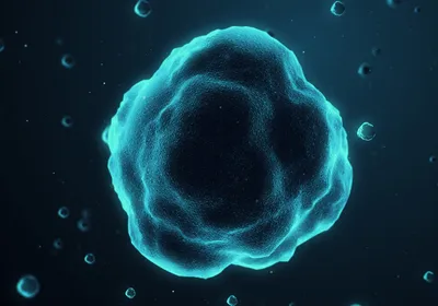 A 3D computer render of a cell cluster suspended in solution, with other cell clusters in the background.