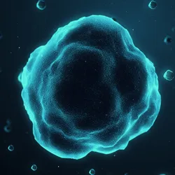 A 3D computer render of a cell cluster suspended in solution, with other cell clusters in the background.