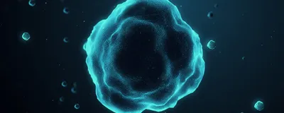 A 3D computer render of a cell cluster suspended in solution, with other cell clusters in the background.