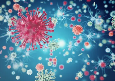 3D image rendering of colorful virus particles against a blue background. 