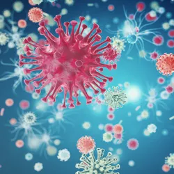 3D image rendering of colorful virus particles against a blue background. 