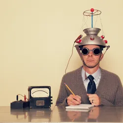 A man wearing a contraption, indicating quirky and funny science.