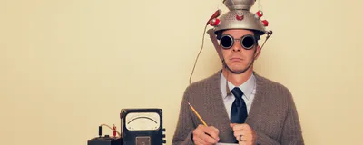 A man wearing a contraption, indicating quirky and funny science.