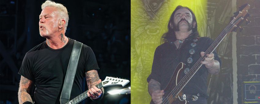 Combined images of James Hetfield (left) and Lemmy Kilmister (right), both are singing with their guitars on stage at a live performance.